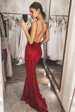 Burgundy Sequins Mermaid Long V Neck Backless Prom Dresses, Formal STI20393