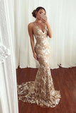 Sexy Mermaid V neck Lace Appliques Long Prom Dresses Spaghetti Straps Formal Dresses STI15342