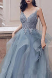 Spaghetti Straps Blue Gray Tulle V Neck Long Ruffles Prom Dresses with Lace Applique STI15411