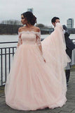 Off the Shoulder Long Sleeves Pink A-line Wedding Dresses, Blush Pink Tulle Bridal Dresses STI15270