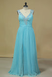 2024 Chiffon Prom Dresses V Neck With Beading A Line Sweep PJNN6YCL