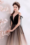 Spaghetti Straps Black Deep V Neck Formal Dress, Floor Length Tulle Ombre Prom Dresses STI15409