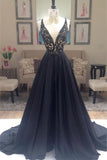 Charming Long A-Line V-Neck Black Lace Prom Dresses PRL61DCK