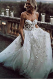 Charming Ball Gown Sweetheart Strapless 3D Flowers Tulle Off White Wedding Dresses STI15095