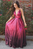 A-Line Spaghetti Straps Fuchsia V Neck Sequins Prom Dresses, Long Evening STI20476