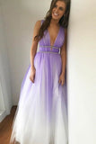 Pretty Omber Tulle Long V-Neck Purple Prom Dresses Flowy PBXG2HEX