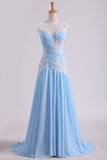 2024 Chiffon Prom Dress Bateau Neckline Pleated Bodice With P9TLN77S