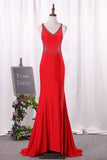 2024 Mermaid V Neck Spandex With Beads And Slit Sweep Train P8XFSLY8