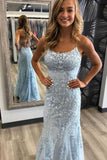 Mermaid Spaghetti Straps Light Blue Prom Dress with Appliques, Evening Dresses STI15266