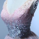 A-line V-neck Sequins Pink Short Cute Short Homecoming Dresses