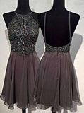 A-line Round Neck Chiffon Beaded Grey Backless Homecoming Dress