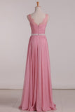 2024 Bridesmaid Dresses A Line V Neck Beaded Waistline Chiffon With PSXD3HFA