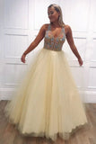 Light Yellow Tulle Beading V Neck Long Prom Dresses with Open Back, Evening Dresses STI15239