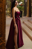 Unique A Line Burgundy Sweetheart Satin Strapless Prom Dresses, Evening STI20448