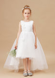 Chic Hi-Lo Sleeveless Applique Tulle Stain Flower Girl Dresses With Bownet