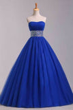 2024 Prom Dress Strapless Dark Royal Blue A Line/Princess Pick Up Tulle Skirt Beaded P21LA3TZ