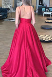 Simple A Line Spaghetti Straps V Neck Prom Dresses with Pockets, Backless Long Dance Dress STI15384