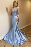 Two Piece Satin Prom Dresses With Lace Spaghetti Straps Mermaid Long Party STIPLPBLEY2