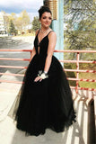 Charming A Line Black Spaghetti Straps Tulle V Neck Prom Dresses, Long Evening Dresses STI15501