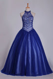 2024 Dark Royal Blue Halter Quinceanera Dresses Ball Gown Tulle With Beads & PKMTYX9P