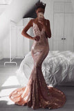 Sexy Rose Gold Sequins Mermaid Long Prom Dresses Spaghetti Straps Backless Party Dresses STI15349