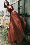 Two Piece A-Line V-Neck Bridesmaid Dresses Burgundy Tulle Formal PCM1KKFH