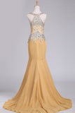 2024 New Arrival Chiffon Prom Dresses Straps With Beading Sweep Train PA2ASBQL