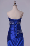 2024 Mermaid Strapless Dark Royal Blue Sweep Train Elastic Satin With Beadings Prom P5JQPBT3