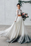 Elegant Two Pieces Chiffon Long Sleeves Wedding Dress with Lace Appliques STI15209