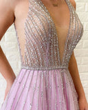 A Line Lilac Deep V Neck Beads Modest Tulle Prom Dresses, Long Formal Dresses STI15490