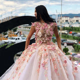 Princess Ball Gown Pink Tulle Prom Dresses with Handmade Flowers, Quinceanera STI20430