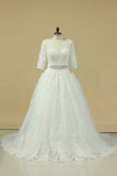 2024 Scoop Mid-Length Sleeves Wedding Dresses A Line Tulle With Applique PP1XQ7YL