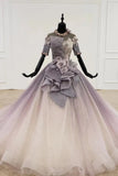 Sparkly Ball Gown Ombre Half Sleeves Jewel Long Prom Dresses, Beads Quinceanera Dresses STI15601