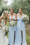 Simple Spaghetti Straps V Neck Sleeveless Bridesmaid Dresses with Split Side