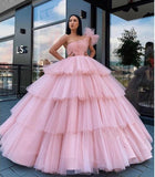 Charming Ball Gown Tulle Pink One Shoulder Long Prom Dresses, Quinceanera Dresses STI15096