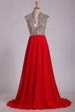 2024 Prom Dresses V Neck A Line Beaded&Sequined With Slit Sweep P7HDQBSS