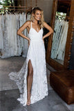 Charming Lace Long A-line Spaghetti Straps Ivory V-Neck Beach Wedding Dress