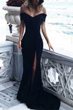 Black Sheath Court Train Off Shoulder Sleeveless Side Slit Prom Dresses