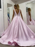 Light Pink Satin V Neck Ball Gown Long Lace Appliques Evening Dresses Prom Dresses