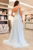 Gorgeous Straps Light Sky Blue Chiffon V-Neck Backless Sleeveless A Line Long Prom Dress