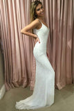 White Sheath Brush Train Sweetheart Spaghetti Sleeveless Sparkle Prom Dresses