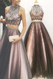 Two Piece A Line Halter Sleeveless Keyhole Back Beading Prom Dresses