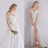 White A Line Sweep Train Sweetheart Spaghetti Appliques Beach Wedding Dresses