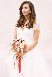 A-Line Short Sleeve Long Ivory Tulle Sweetheart Beaded Cute Backless Wedding Dresses