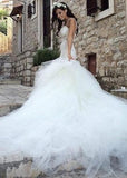 Mermaid Boat Neck Chapel Train Ivory Tulle Sleeveless Wedding Dress with Appliques Ruffles