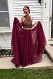 Burgundy Two Piece A Line Sweep Train Halter Sleevless Beading Prom Dresses