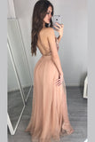 Pink A Line Floor Length Deep V Neck Sleeveless Backless Side Slit Prom Dresses