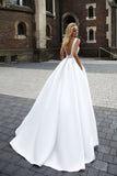 A-Line Sleeveless Long Ivory Pleated Prom Dress Backless Bateau Satin Wedding Dresses