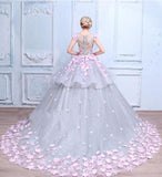 Scoop Ball Gown Gray Tulle Sleeveless Bowknot Empire Waist Wedding Dress with Pink Flowers