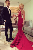 Red Trumpet Court Train Deep V Neck Sleeveless Backless Prom Dresses